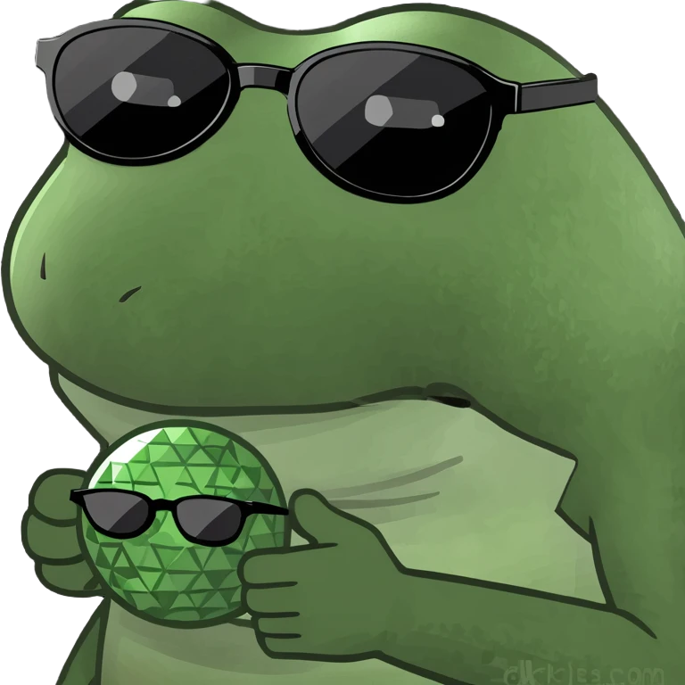 bufo with triangle shaped 8 bit sunglasses full black, confident smile, with a mini black powerful orb in his hand emoji
