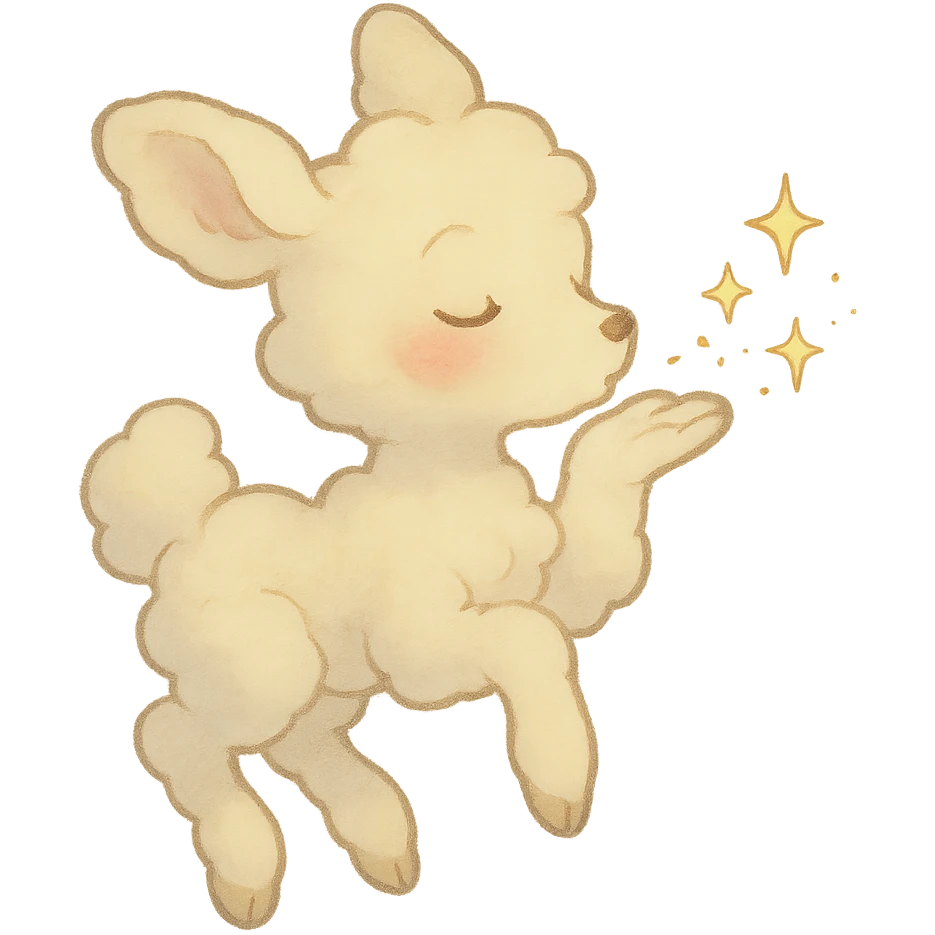 vanilla-colored cloud doe with rosy cheeks, floating, blowing a kiss with sparkles, soft and dreamy ghibli style emoji