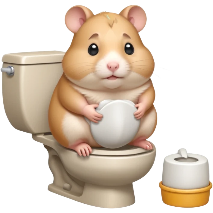 Cute chubby cartoon-style hamster sitting on toilet pooping looking as if he had an accident emoji