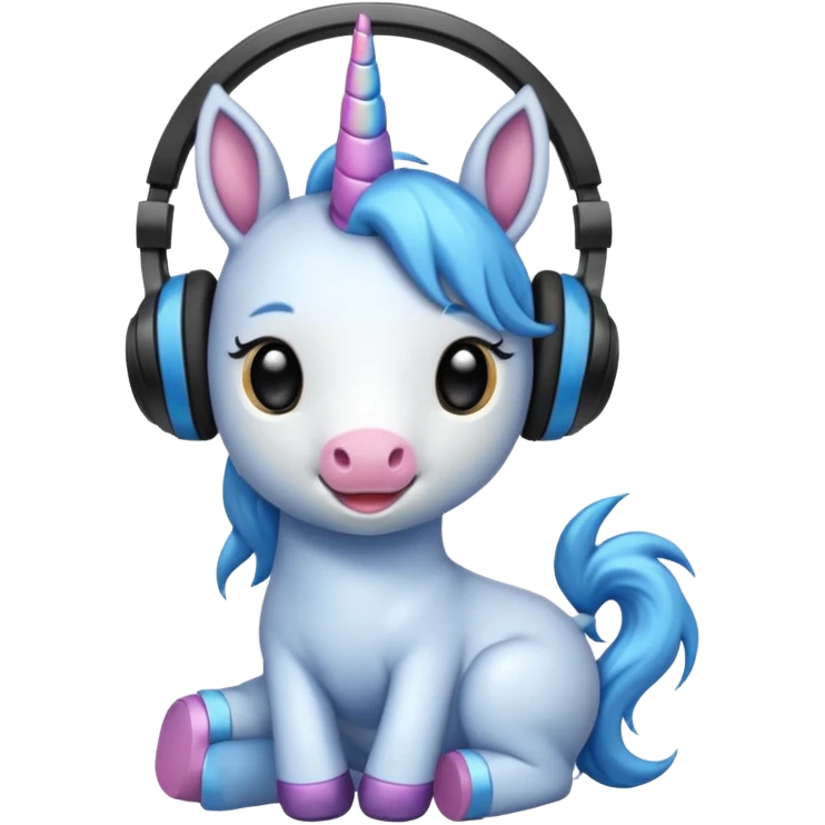 Unicornio bebé azul sentado escuchando música con auriculares negros emoji