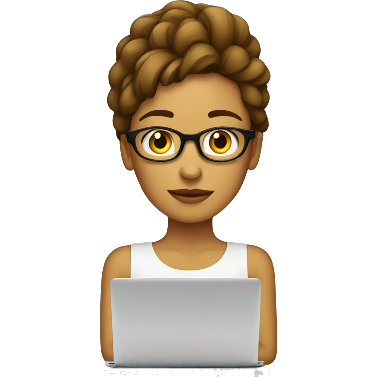 chica con lentes, rostro claro pelo castaño oscuro  ondulado largo ocn laptop emoji