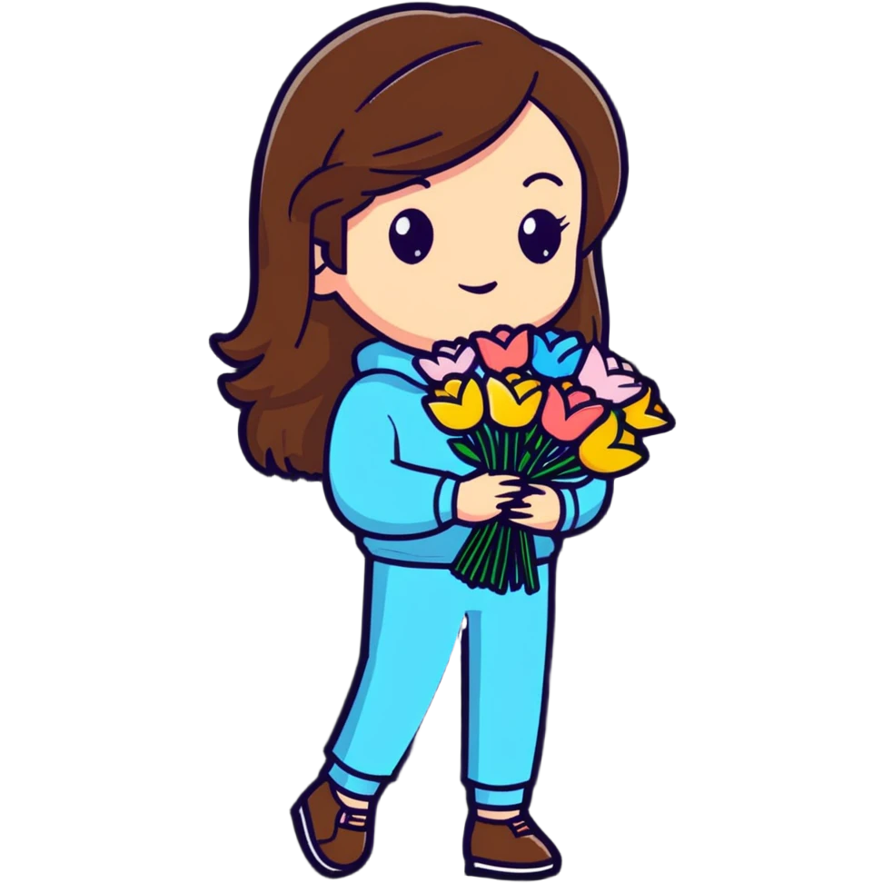 cool girl with long brown hair holding a bouquet of flowers, trendy outfit, stylish emoji