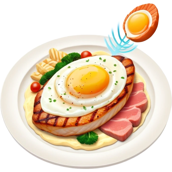 Floating plate with protein foods: large golden chicken breast in the center, smaller salmon fillet, red meat steak, and an egg, all orbiting a DNA double helix, with energy rays connecting to a muscular figure silhouette emoji