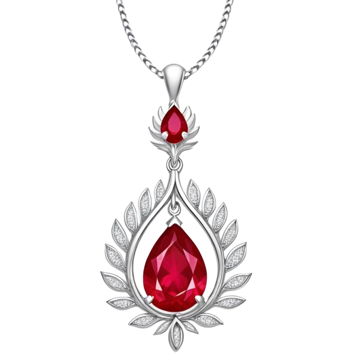 teardrop ruby pendant with fiery light, tiny phoenix feather, haloed by shimmering white stones, silver chain, symbolizing rebirth emoji