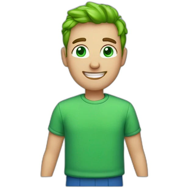 a man, green eyes, blue sweatshirt, green rubies on his head, waves hello emoji