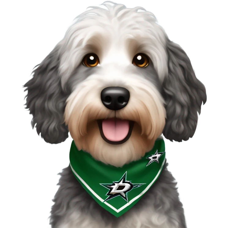 Multicolored Aussiedoodle wearing a bandana with the NHL Dallas Stars hockey team logo emoji