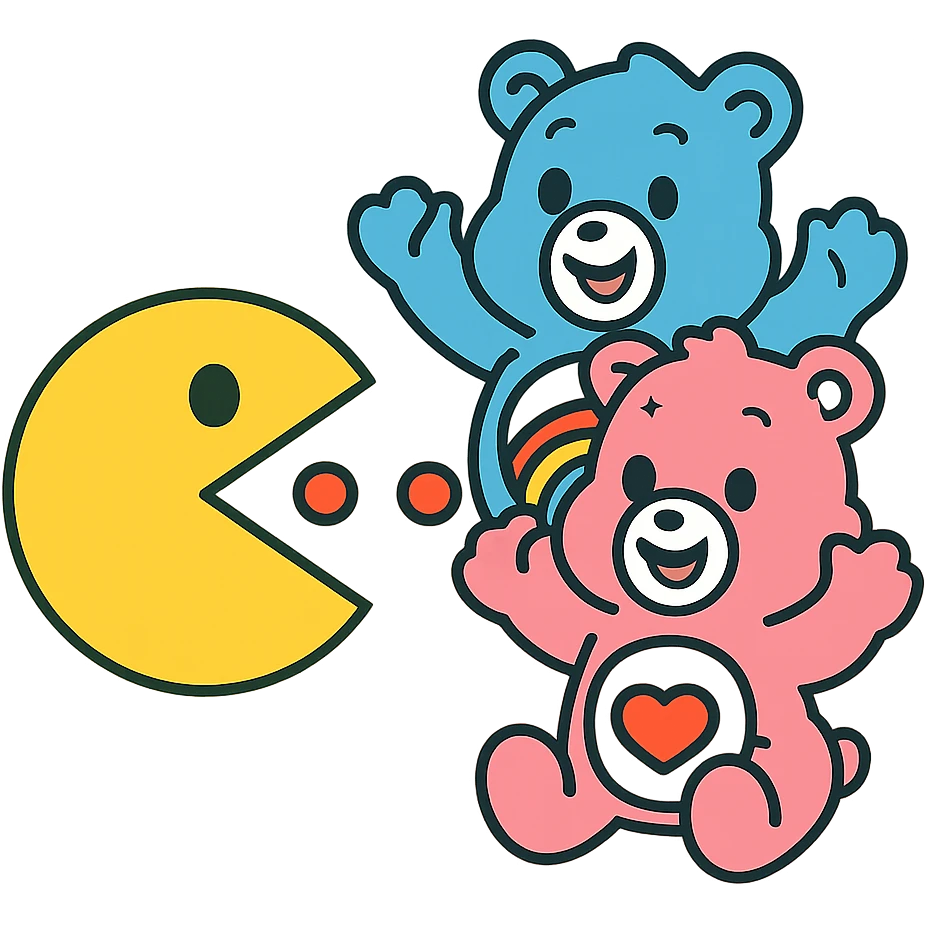 Pacman eating power pellets with Care Bears cheering, 80's arcade vibe emoji