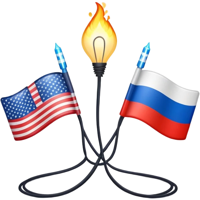 symbolic hot wire connecting Russia and USA with Russian and US flags at each end, glowing wire in the middle, tense atmosphere emoji