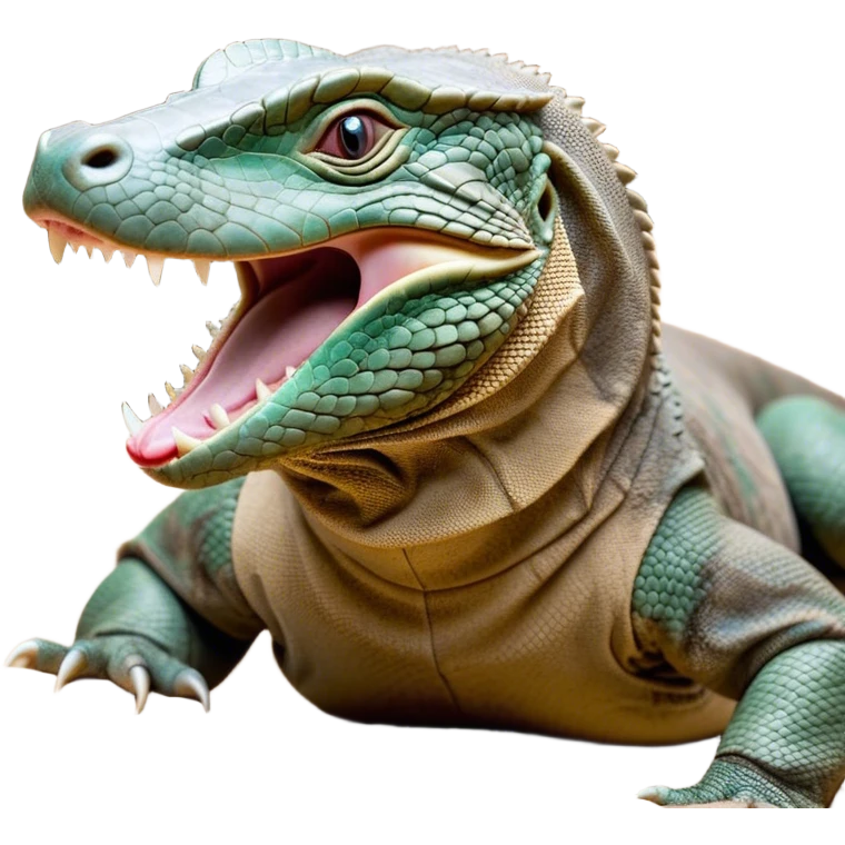 Cinematic Realistic Cute Yawning Komodo Dragon Portrait Emoji, Head tilted slightly with a dramatic, wide-open yawn, showcasing a soft, rugged scaled hide with subtly drooping features and half-closed, drowsy eyes rendered in authentic detail, high shine, relaxed yet expressive, styled with a dash of natural desert charm, soft glowing outline, capturing the essence of a sleepy yet affectionate Komodo dragon that appears ready to stretch out for a deep, restful nap! emoji