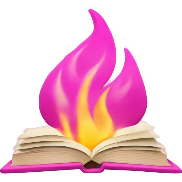 a pink book with flames emoji