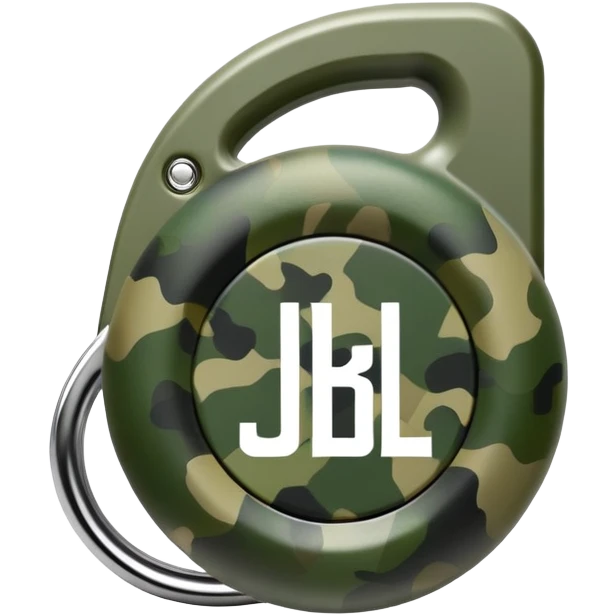 Abstract JBL Clip 4 with round shape, integrated clip, green camo pattern, and small JBL logo, iOS emoji style emoji