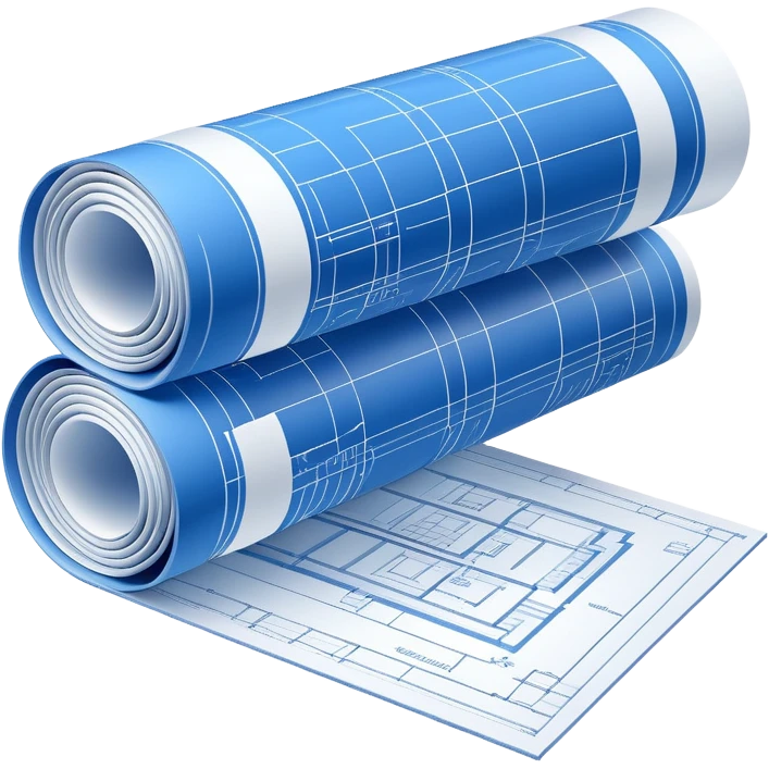 blue blueprint plan with white architectural lines, half rolled up, perspective view emoji