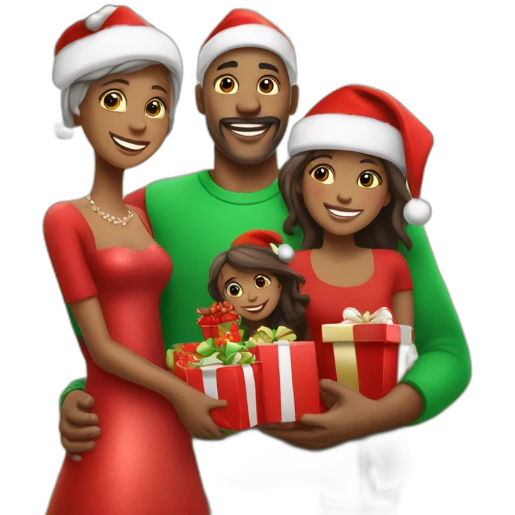 happy family with red cristmas dress and gifts under cristmas tree emoji