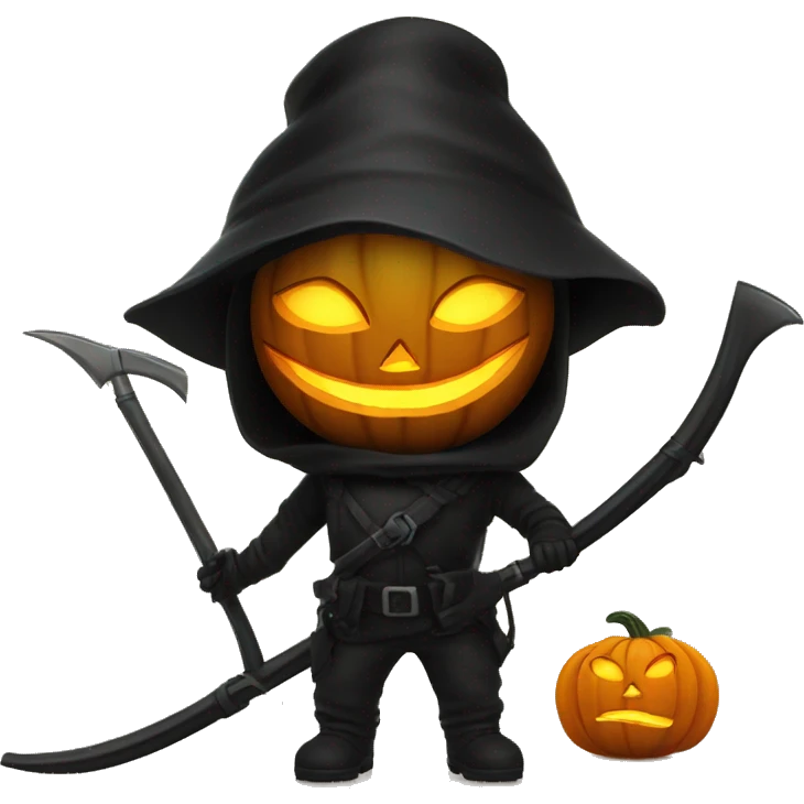 Human female pumpkin hunter with a scythe, glowing pumpkin eyes inside a black helmet, Halloween theme, emoji" emoji