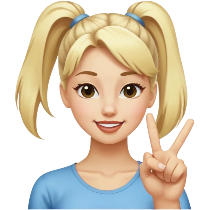blonde girl with high pony tail hair, winking and making peace sign emoji