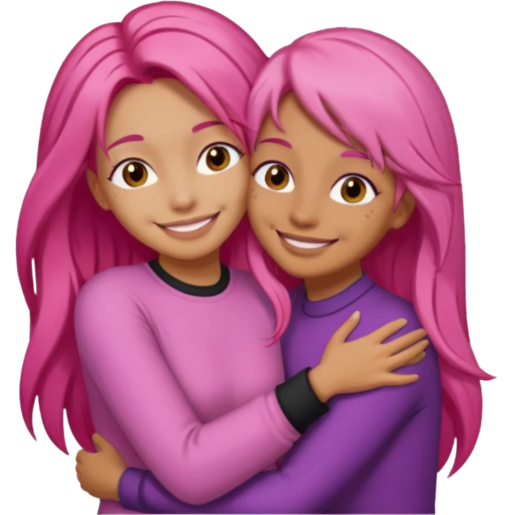 Surprisingly goofy once they open up. Strong, loyal, and incredibly supportive — but still hates wasting time. one woman with long pink hair hugging another woman with short  dark hair emoji