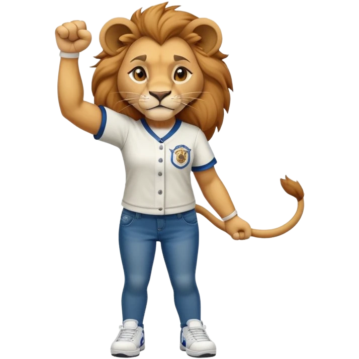 confident anthropomorphised female lion wearing a baseball shirt, jeans, trainers, raising a fist in the air, strong and determined expression emoji