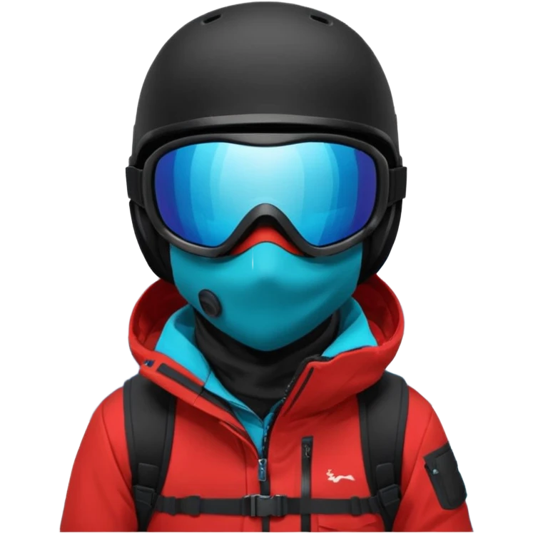 портрет головы сноубордиста в черном шлеме, зеркальной маске, в отражении маски снежные горы, черной балаклаве закрытым лицом, красной куртке, насыщенным сине-голубым однотонным фоном. emoji
