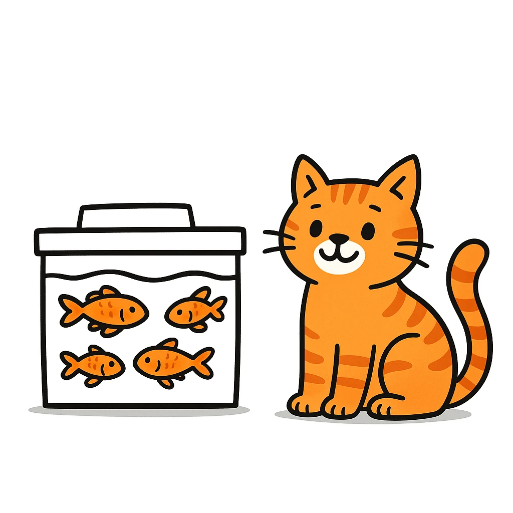 A red-haired cat and a goldfish aquarium in doodle style, more cartoonish emoji