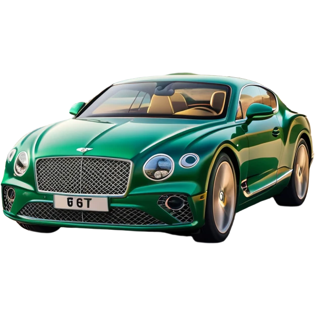 Bentley Continental GT (2022) – cinematic-realistic Bentley Continental GT, its deep emerald green paint reflecting the golden hour sunlight as it cruises along a coastal highway. The roar of its W12 engine builds as it accelerates, the plush leather interior offering an unmatched blend of luxury and performance. emoji