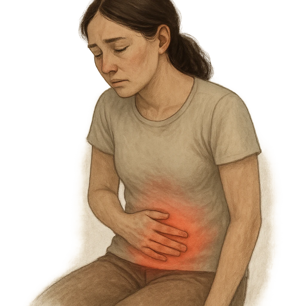 emotional realism wellness illustration of a woman standing or sitting with hand resting gently on lower abdomen, posture slightly curved forward as if experiencing internal discomfort, soft reddish glow in abdominal and pelvic area symbolizing imbalance, calm minimal setting with muted tones and natural lighting, introspective or weary expression emoji