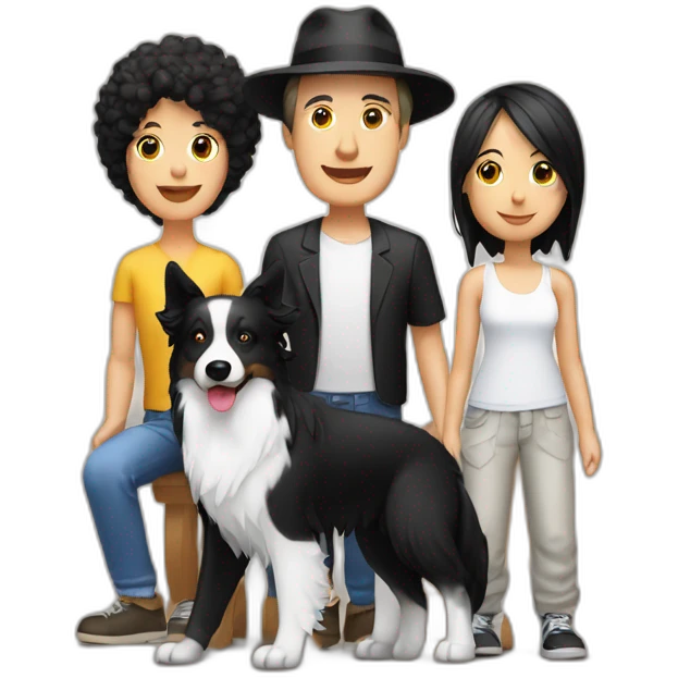 white family group consisting of man in hat and woman with black ponytail long hair and small black border collie dog emoji