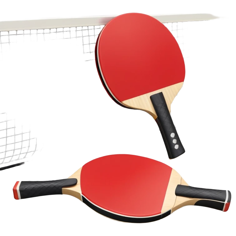 Two table tennis paddles and a ball placed on a ping pong table, with the net in the background. The scene conveys the simplicity and focus of the sport, with vibrant colors highlighting the rackets and ball on the smooth surface of the table. emoji