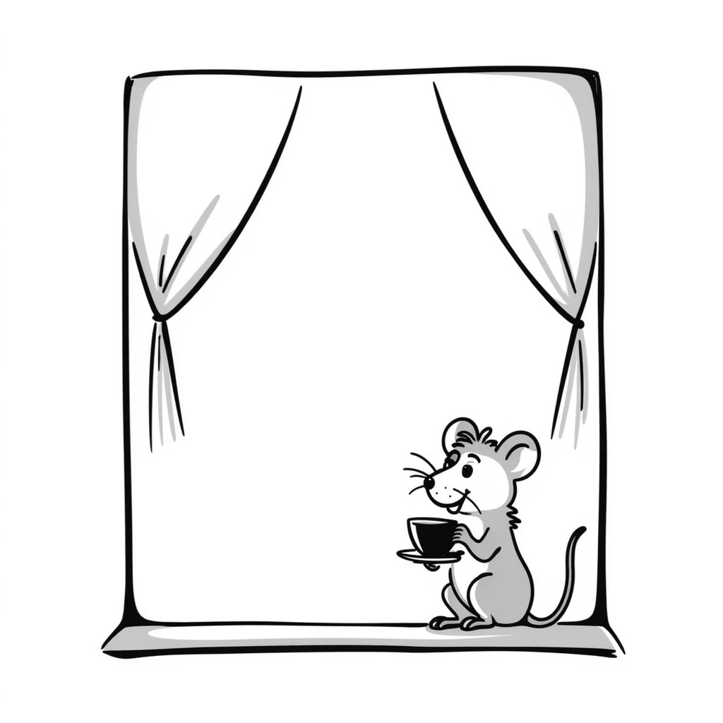 Hand-drawn mouse sitting by the window with a teacup emoji