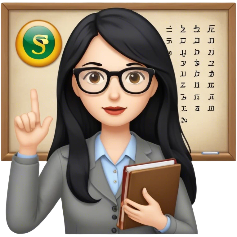 pale female teacher with long black hair, wearing glasses teaching Spanish emoji