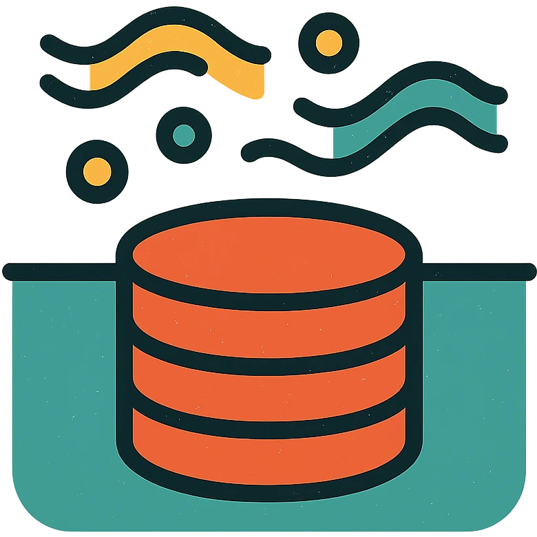 abstract minimalist icon of stacked disks partially submerged below a horizontal line representing underground, with flowing abstract data streams of lines, dots, or waves, worn and distressed effect emoji