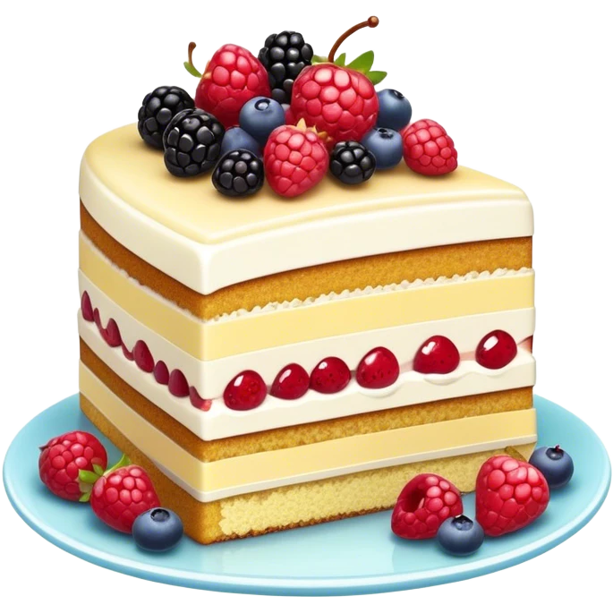 Cinematic luxurious slice of cake, delicate layers of moist sponge and rich frosting, beautifully decorated with fresh berries and a glossy glaze, soft glowing light, elegant and indulgent. emoji