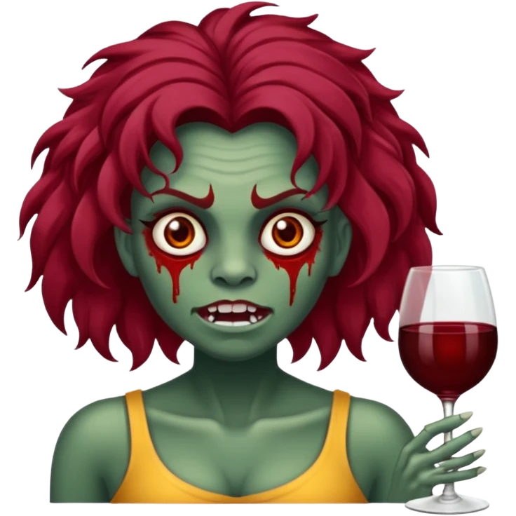 Uma zumbi garota com cabelo vermelho vinho ondulado e grande e franja grande reta emoji