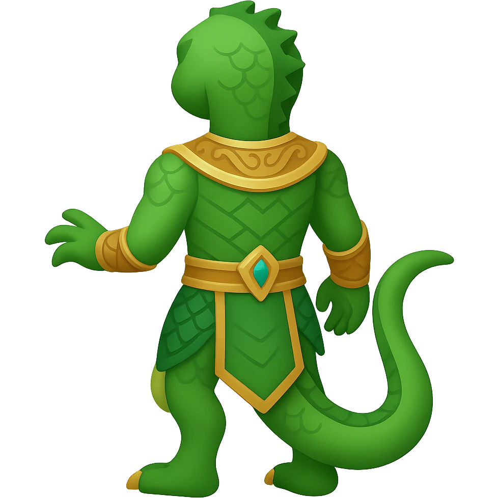 Create a full body reptilian humanoid in an ancient outfit, shown from the back view. Match the style and details of the reference image but adapt it to the emoji style. The background should be removed. The style is emoji-like, concise and simple, with clear details suitable for emoji representation. emoji