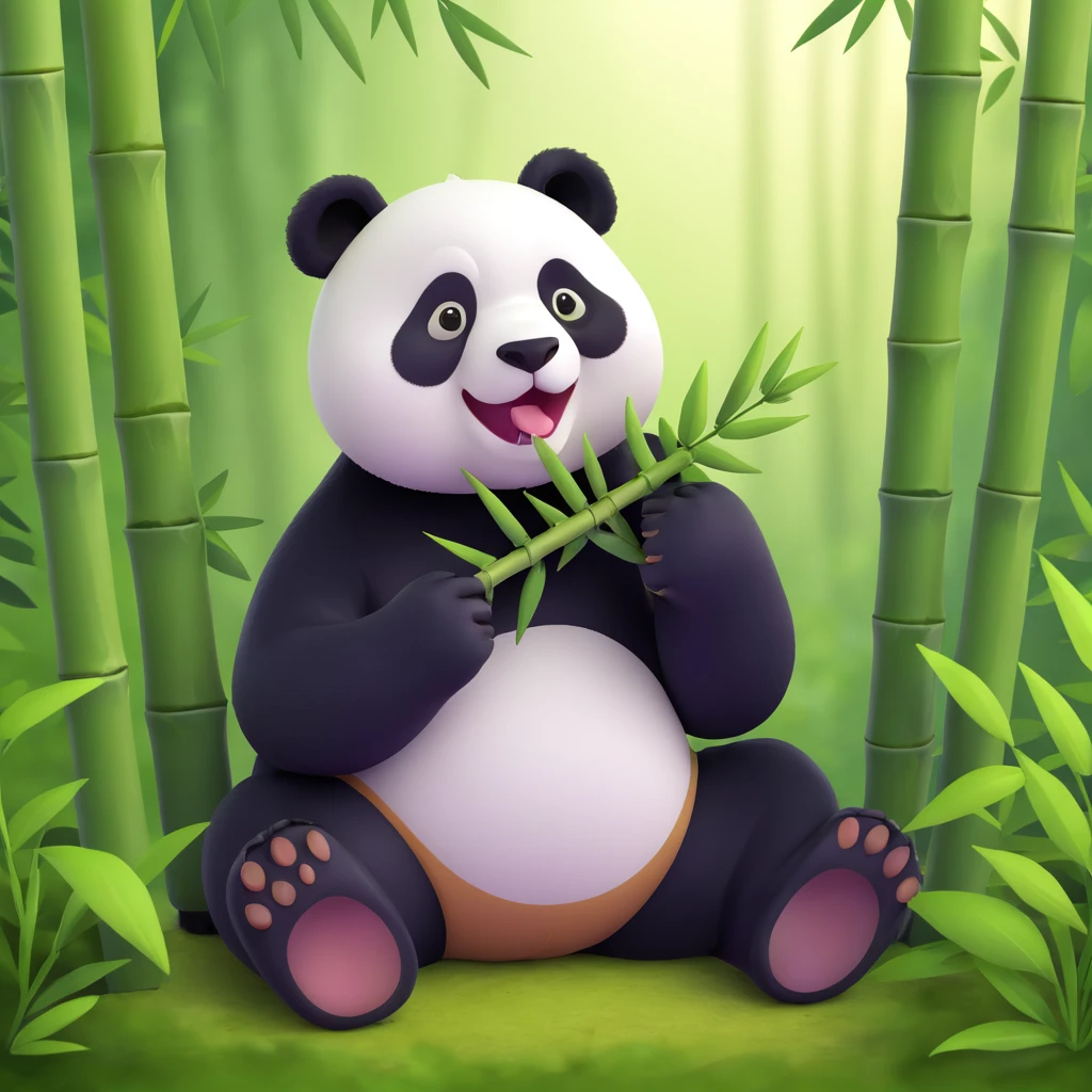 panda eating bamboo in forrest background, close up pose emoji
