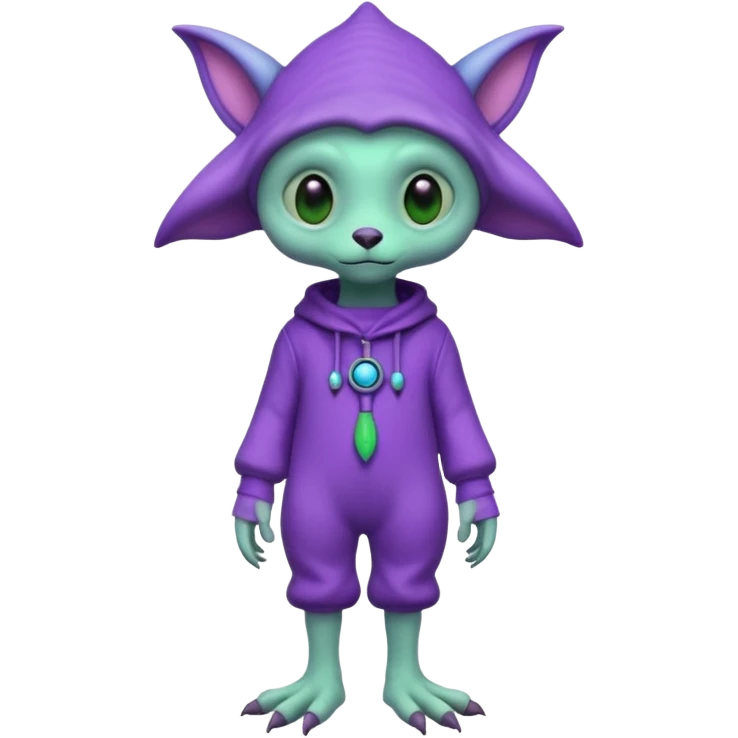 full body cute roughly humanoid peacefull alien furry with 2 legs and eye stalks stands upright and looks intelligent ...wears clothing. not green..looks happy and cudly... has 3 eyes...the alien has 3 eyes....it has an extra eye on single stalk on top of head emoji