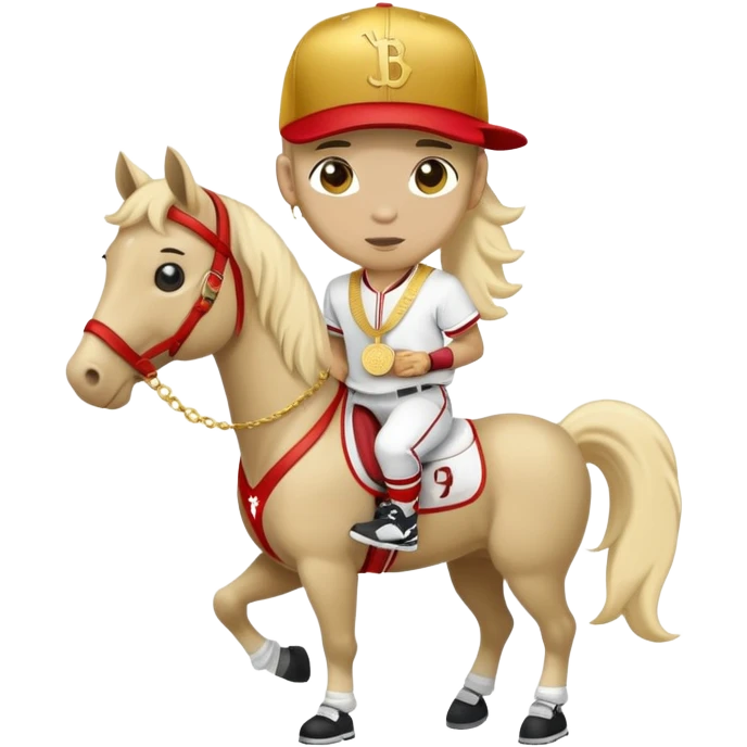 anthropomorphised horse in a hip-hop outfit, wearing a gold medal and a baseball hat emoji