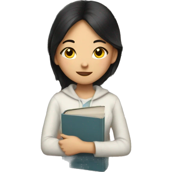 An Asian girl surrounded by books and a clock and a to read list emoji