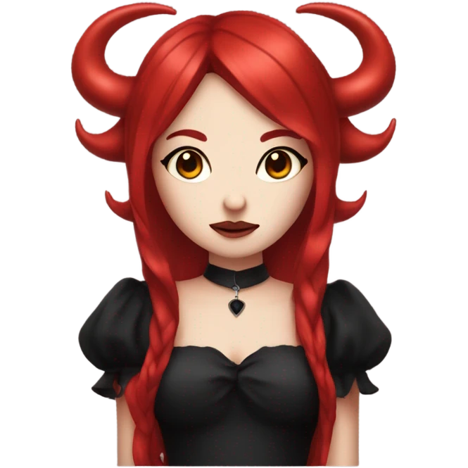 hime goth girl, devil horns, red hair, red dress emoji