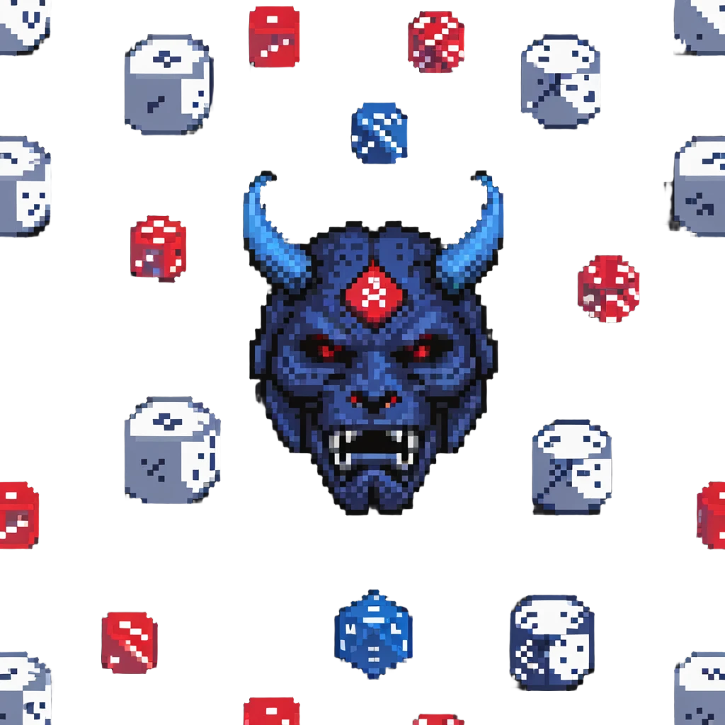 oni mask with a D20 dice emoji