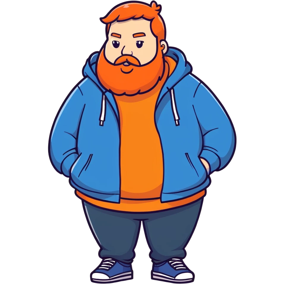 An extremely fat man who is wearing a blue hoodie and he has a orange beard and orange hair emoji