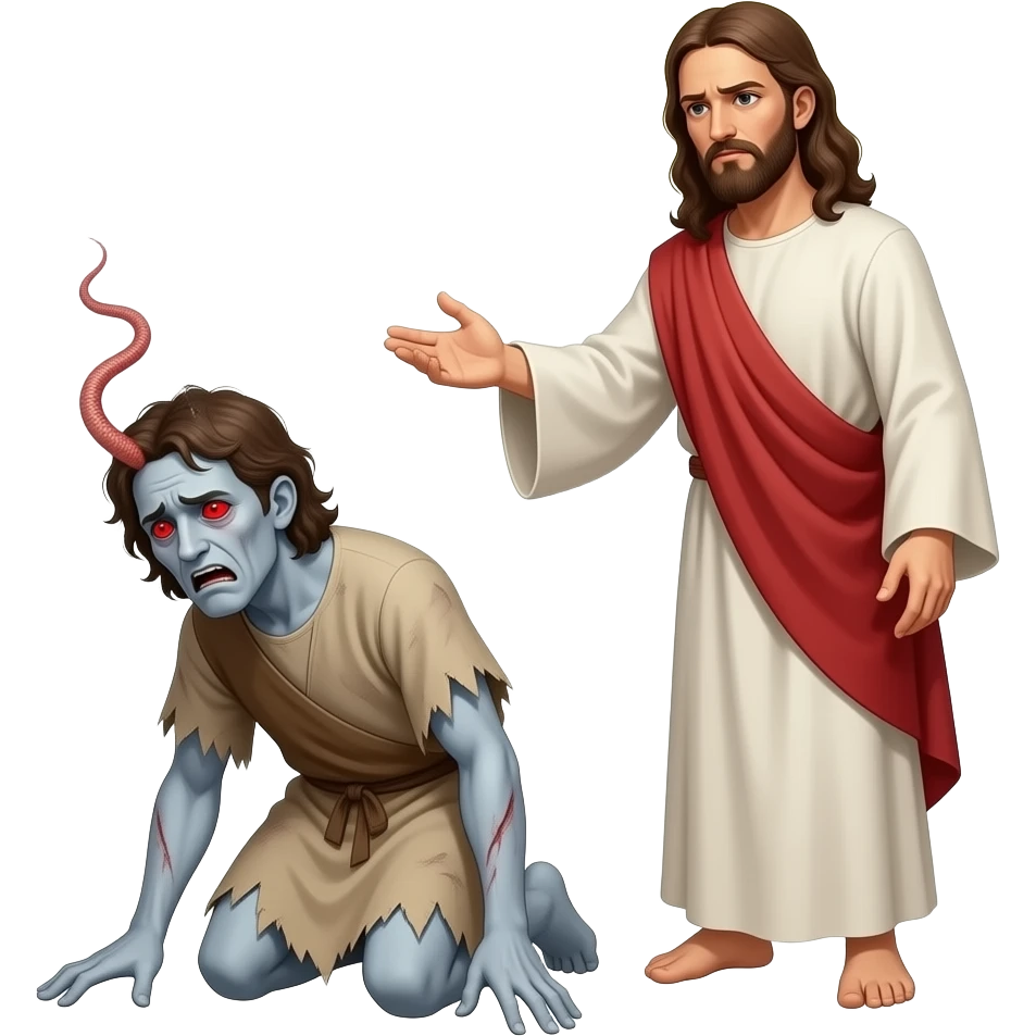 A full bodied crouched down emaciated man with pale colored skin, red serpent eyes, slim black slit pupils and possessed by an evil spirit  that has a fearful look on his face, wearing tattered clothing from biblical times and Jesus standing above him with a stern look on his face casting him out emoji