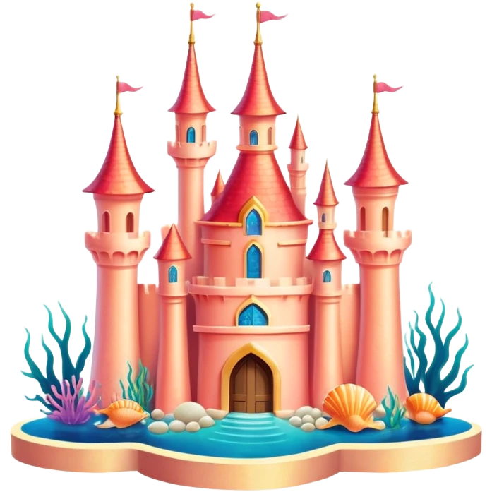 Ariel's underwater castle from The Little Mermaid, golden spires, colorful coral, seashell architecture, simple, white emoji
