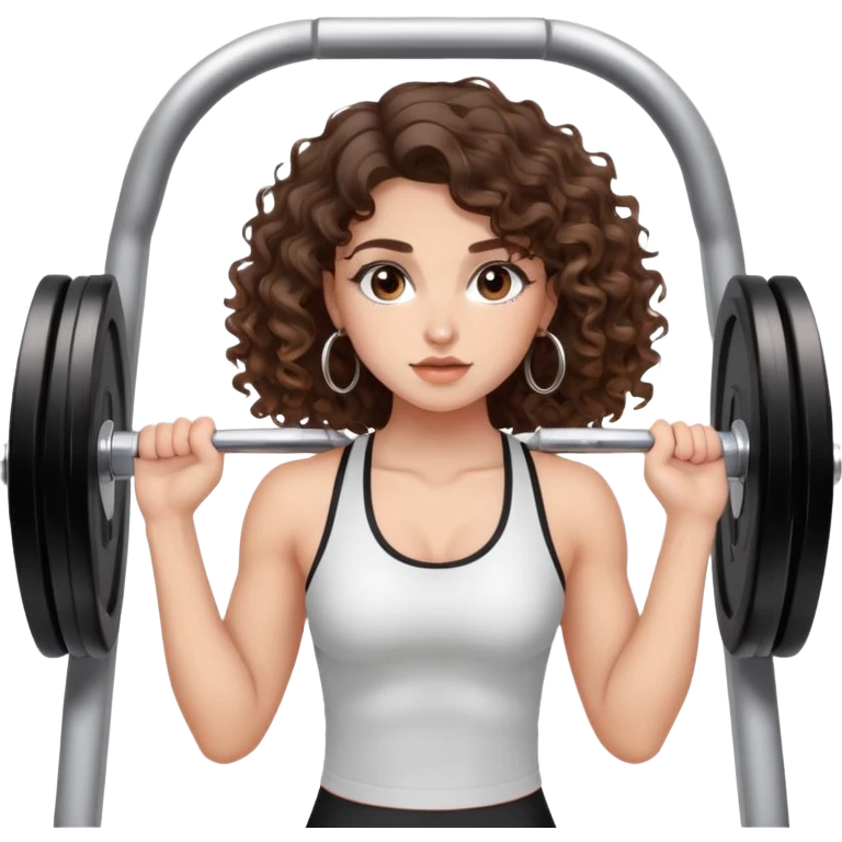 cute girl long brunette balayage curly/wavy not voluminous hair, brown eyes, hoop earrings, natural pretty clean makeup: at the gym struggling with lifting weights emoji