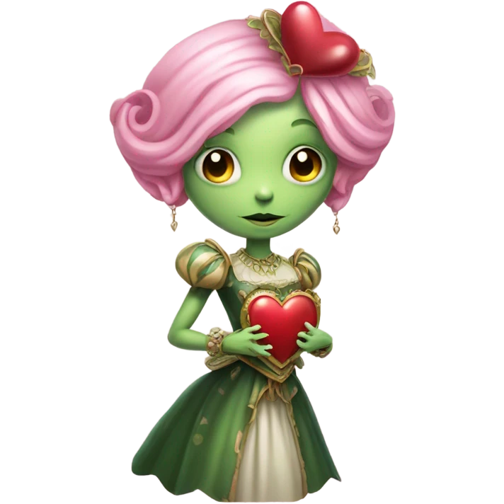 a green amazon alien woman in Victorian white gold, pink hair full body,holdig red big hearth emoji