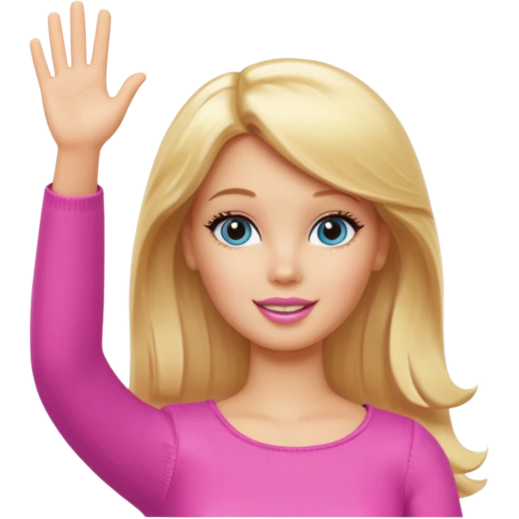 Barbie girl with blond hair. One arm up waving hello emoji