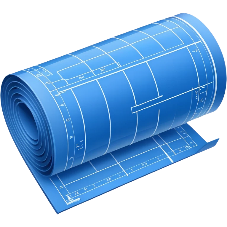side view of a blue blueprint plan with white lines, partially unrolled emoji