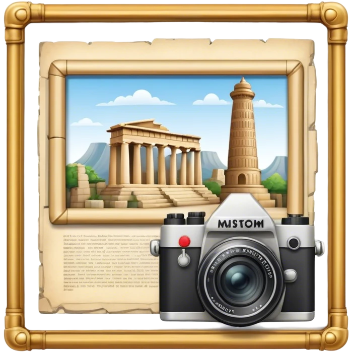 Icon for Historical and Cultural Tourism: iconic landmarks like ancient ruins, a museum and a historical monument, with a travel guidebook and camera. The icon should capture the exploration of history and culture. Transparent background. emoji