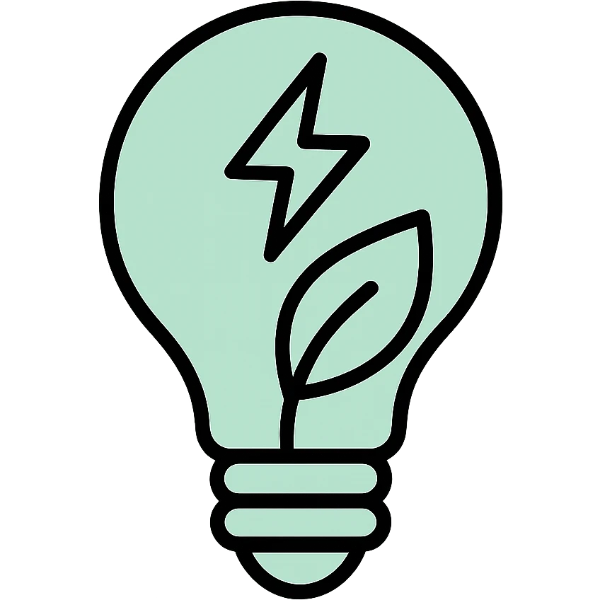 Energy lightbulb with electric bolt and leaf inside, fluid dimensional design, techy style, black outlines with mint green #B5F4D3 fills emoji