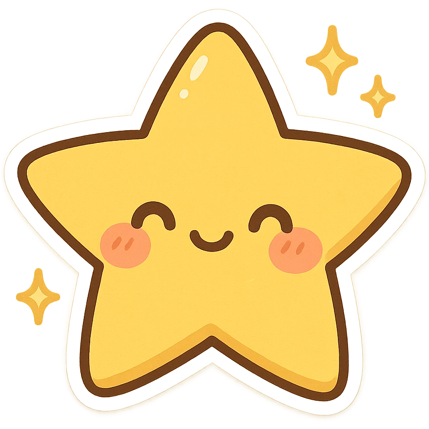 cheerful star character with blushing cheeks, sparkles emoji