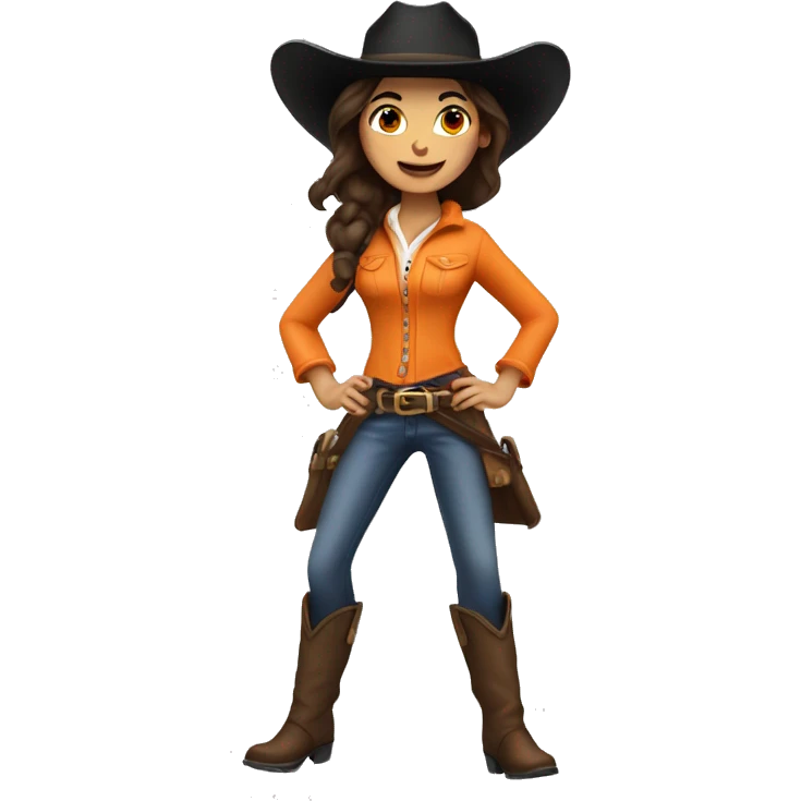 jumping brunette cow girl with tan skin, orange burnt coat, black hat emoji